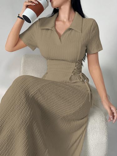 Image of Shasmi Women's Solid Color Applique Lace-Up Collared Short Sleeve, Side-Tie Waist Long Casual Maxi Women Dress Outfit Long Evening Midi Western Party Dress for Women (Dress 211)