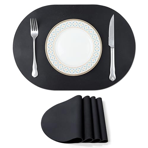 fanquare Juego de 4 Salvamanteles de Silicona, Salvamanteles Ovalados Negros Impermeables Aislantes Térmicos, Lavables y Antideslizantes para Mesa de Patio, 43 x 30cm
