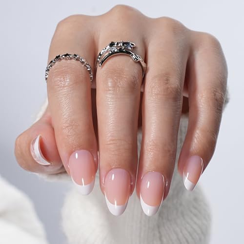 White French Tip Press On Nails - White Short Almond Fake Nails, French Tip Press On Nails Reusable Stick On Nails in 16 Sizes, 32pcs  Nail Kit for Women & Girls