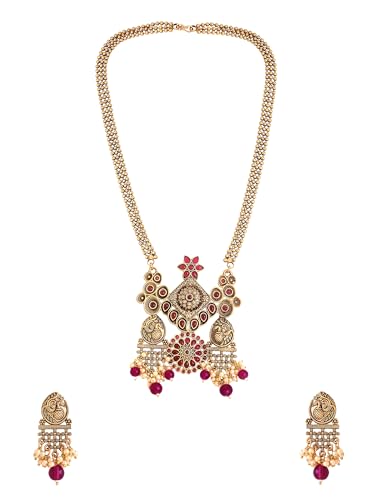 Image of Yellow Chimes Jewellery Set For Women | Red Stone Beads Necklace Set For Women | Traditional Gold Plated Jewellery Set For Girls | Birthday Gift For Girls & Women For Wife
