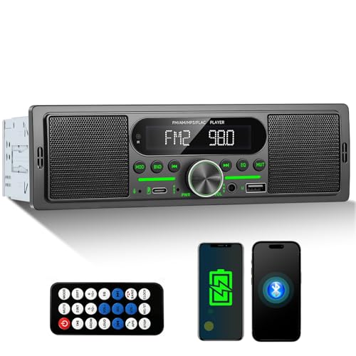 GOHHDL Bluetooth Autoradio 1DIN avec Haut-Parleur intégré, FM/AM Lecteur MP3, Type-C/USB/AUX-in, Emplacement pour Carte SD/TF, EQ, Boutons Rétroéclairés en Couleur et Télécommande