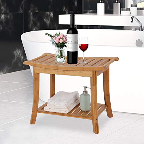 Kinlife Bamboo Shower Bench Bathroom Seat With Storage Shelf Wood Spa Bath Organizer Stool For Indoor #TOP1