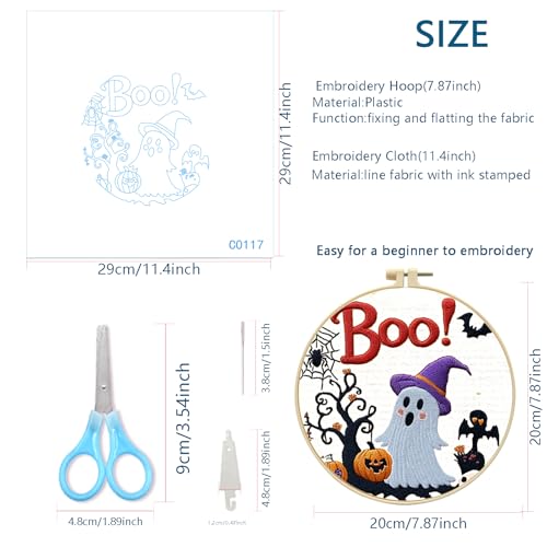 Image of Zhenqing Halloween Ghost Embroidery Kit for Beginners, Cute Boo Needlework Kit with Pre-Printed Cotton Fabric, 20cm Hoop, Threads & Tools, Spooky DIY Wall Decor (C0117)