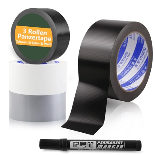 3 Rollen Panzertape Schwarz/Silber/Weiß,50mm X20m Panzerband,Extra Stark Klebeband,Wasserdichtes Reparaturband,Gewebeband,Gaffa Tape,Handreißbar Duct Tape für Innen Außen,Reparieren,Verpacken,Bündeln
