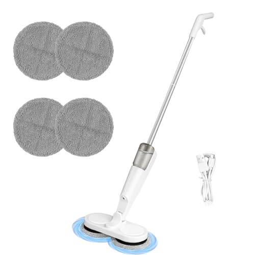 Cordless Electric Mop, Dual Spin Floor Cleaning Mop with Water Sprayer, Lightweight & Floor Scrubber with 200ML Water Tank, Rechargeable Floors Polisher Scrubber for Tile, Hardwood (White)