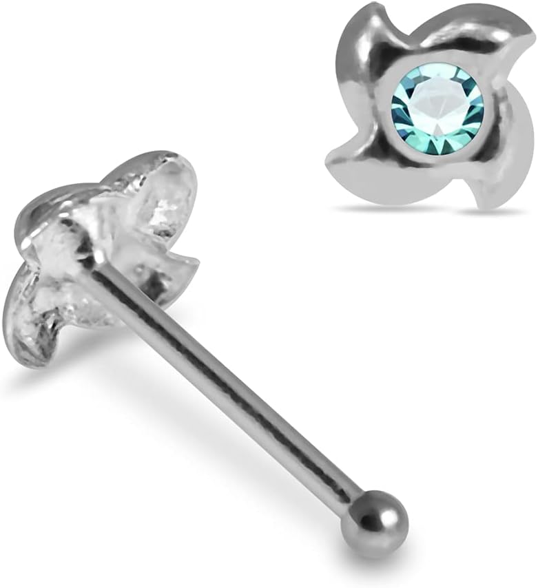 Crystal Stone Turbine Design 22 Gauge 925 Sterling Silver Ball End Nose Pin - Nose Stud - Tiny Nose Ring - Nose Piercing Body Jewelry