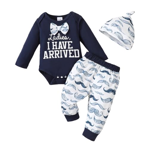 Image of KIMI BEAR Baby Boy Clothes Infant Newborn Fall Winter Outfits Long Sleeve Letter Print Romper + Hat + Pants Set