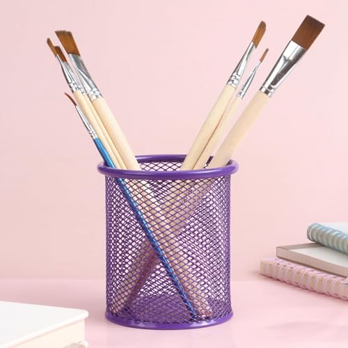 Image of Metal Mesh Pen Stand for Office & Home Desk | Black Stationery Holder Organizer for Pens, Pencils, Markers, Makeup Brushes | Durable Round Wire Mesh Pen Stand (Pack of 1) (purple)