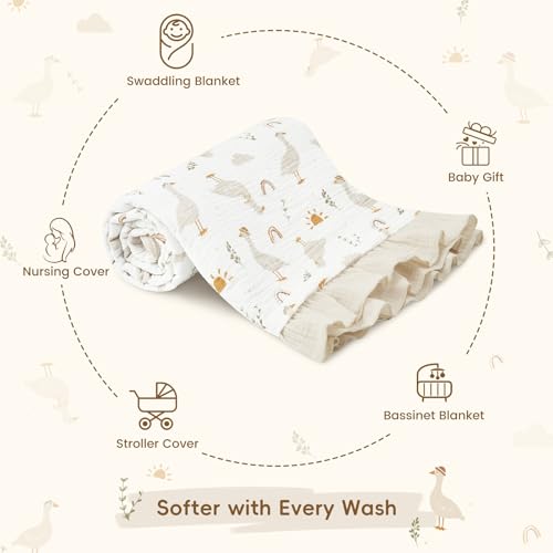Image of david's kids Flounce Muslin Baby Blanket for Girls Boys, 100% Cotton Soft Crib Swaddle Blankets, Reversible & Breathable Nursery Bedding for Newborns Toddlers, 47 x 47 Inches (Goose)