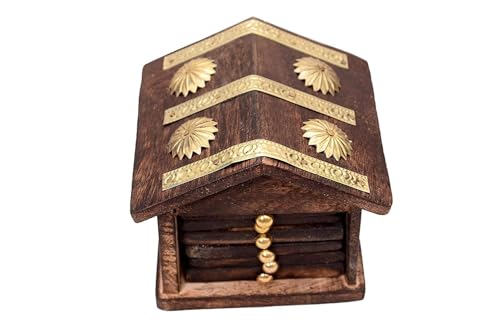 Image of Kundi Handmade Hut Style Wooden Coaster Set with Holder | Hot & Cold Drink Coasters for Tea, Coffee & Dining Table Decor