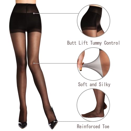 Image of HA WA 3 Pairs Women 20D Sheer Tights Control Top Pantyhose Reinforced Toe