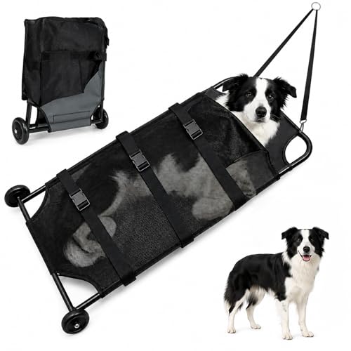 Dog Stretcher for Large Dogs 250 lbs Portable Foldable pet carrier with Noiseless Wheels and Waterproof PVC Mesh for Emergency Use