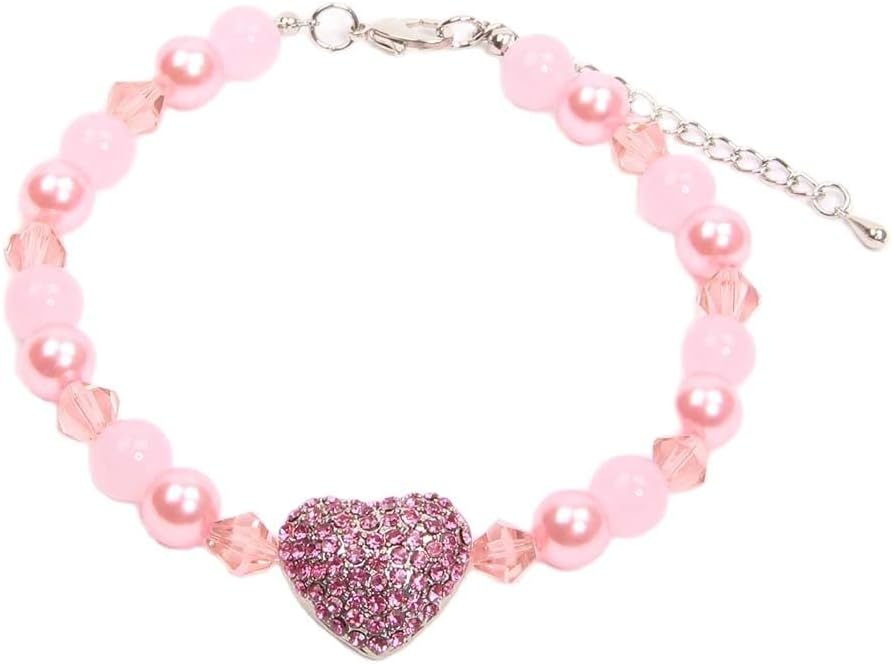 XKSRWE Dog Cat Pearls Necklace Collar with Bling Heart Charm Pendant Pet Puppy Jewelry for Dogs Cats (S, Pink)
