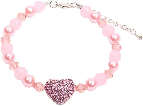 Dog Cat Pearls Necklace Collar with Bling Heart Charm Pendant Pet Puppy Jewelry for Female Dogs Cats M, Pink