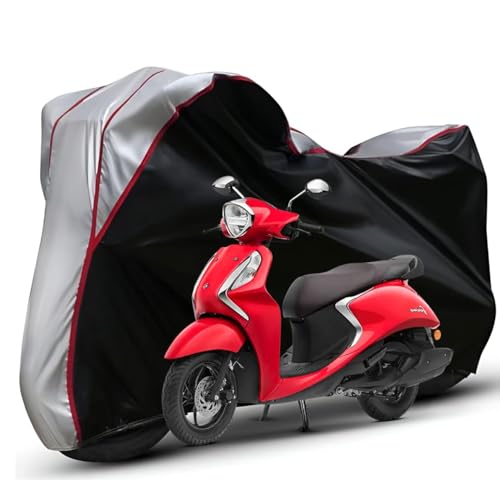 Image of Waterproof Bike Body Cover Compatible with Yamaha Fascino Dustproof Scratchproof - Motorcycle Cover for Two Wheeler, Outdoor Full Cover with UV, Duty, Rain Protection (Black Top Silver) R1