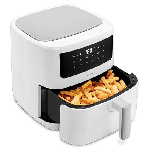 MEDION Freidora de aire caliente P10 XL (Air Fryer, cesta de freír XXL de 6,8 litros, 2.150 vatios, dos resistencias de acero inoxidable, 9 programas automáticos, panel de control táctil) blanco