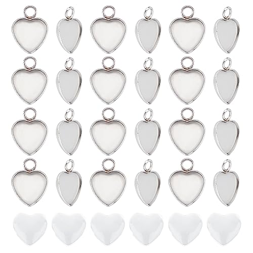 UNICRAFTALE 50 Sets Heart Cabochon Pendant Stainless Steel Blank Bezel Charms Trays 10mm Settings with Heart Glass Cabochons Bezel Blanks Tray for Photo Pendant Craft Jewelry Making