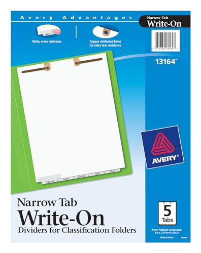 Avery Write-On Dividers for 2-Prong Classification Folders, White, Narrow Bottom Tabs, 5-Tab Set (13164)