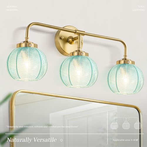 Image of Modern Gold Bathroom Wall Lights with Blue Glass Globe, 3-Light | Mid Century, Vintage, Wall Sconce, Bathroom Vanity Lights, E26, Easy Install, Blue Globe Shade, Bedside, Bedroom, Doorway