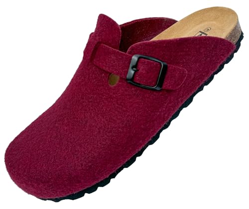 GONKOS®, ullfiltträskor, anatomisk innersula gjord av äkta läder och naturkork, jungfrulig ull, tofflor av filt för kvinnor och män,tofflor Mules Slip On,hög kvalitet tillverkad i Spanien,bordeaux 44