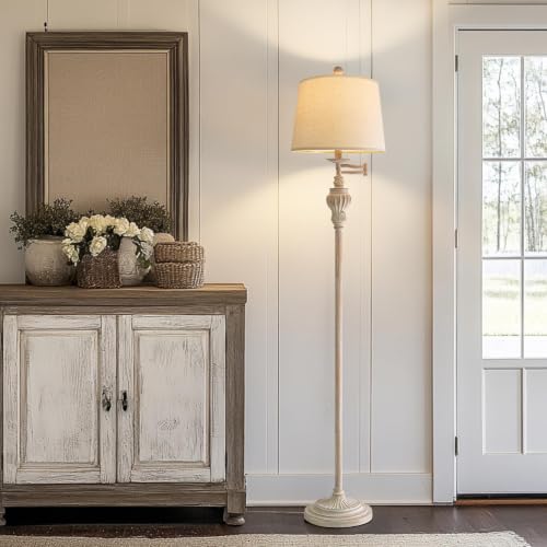 Image of Vintage Floor Lamp with 350 Adjustable Swing Arm 61 inch Lamps for Living Room | Antique Standing Lamp, Retro White Bedroom Floor Lamp, Mid Century Farmhouse Rustic Traditional Brass Tall Swivel Pole Lamp