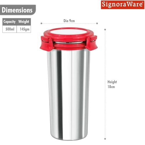 Image of Signoraware Lock N Store Stainless Steel Round Tumbler | Airtight & Leakproof | Compact Design | Easy to Clean | Ideal for Office, School, Travel, and Home Use (500ml | Red)