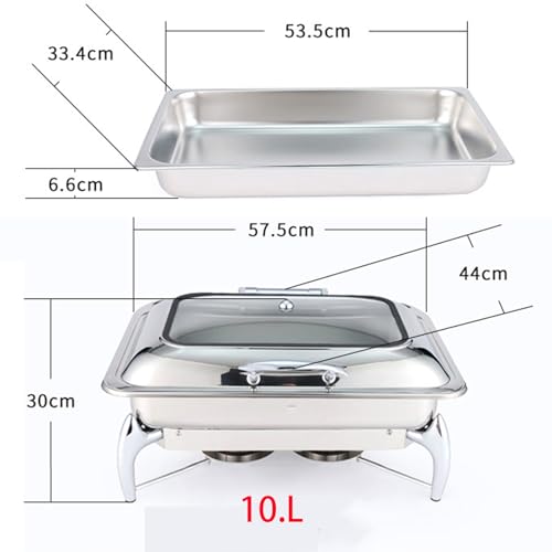 Servidor De Buffet De Acero Inoxidable 10L - Juego De Platos Rectangulares con Tapa De Vidrio, Bandeja De Agua Y Soporte De Combustible para Bodas, Banquetes, Fiestas