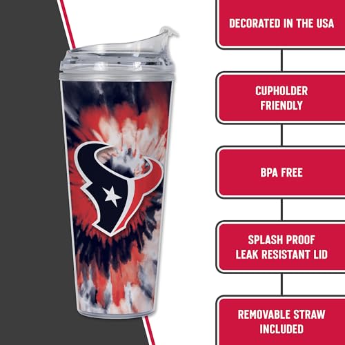 Image of Rico Industries NFL Football Houston Texans Metallic Tie Dye 24oz Metallic Acrylic Tumbler with Hinged Lid, Officially Licensed Double Wall Tumbler with Straw