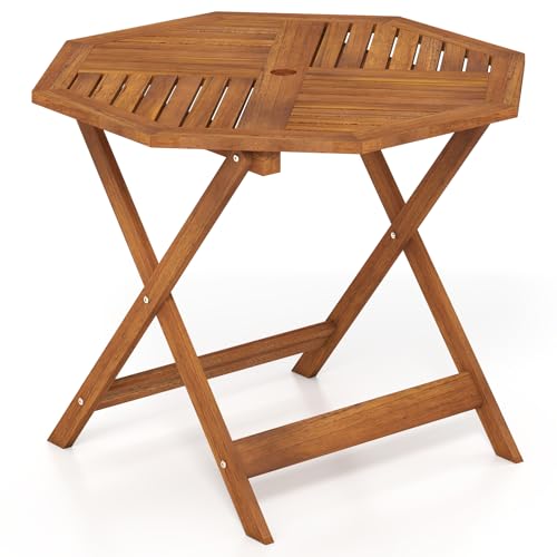 COSTWAY 90cm Outdoor Dining Table Solid Wood Garden Table with Umbrella Hole Slatted Tabletop & Teak Oil Finish Octagon Side Patio Tables for Poolside Backyard Deck