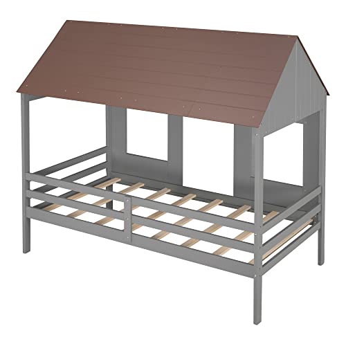 Twin House Bed For Kids,Low Loft Bed Frames Twin Size,Wood Toddler House Bed With Two Front Windows And Roof For Kids/Teens/Girls/Boys, Antique Gray +Normal Gray #TOP5