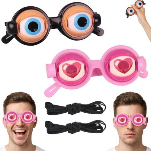 Disflmm 2Pcs Funny Glasses for Adults Crazy Eye Glasses(with 2 Glasses Cords) Eyes Glasses Adult Size Silly Sunglass With Blinking Eyeball for Party and Performances
