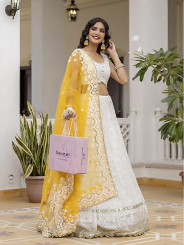 TRENDMALLS Women\'s Georgette Embroidery Lehenga Choli with Dupatta Ready to wear (L66-White-L)