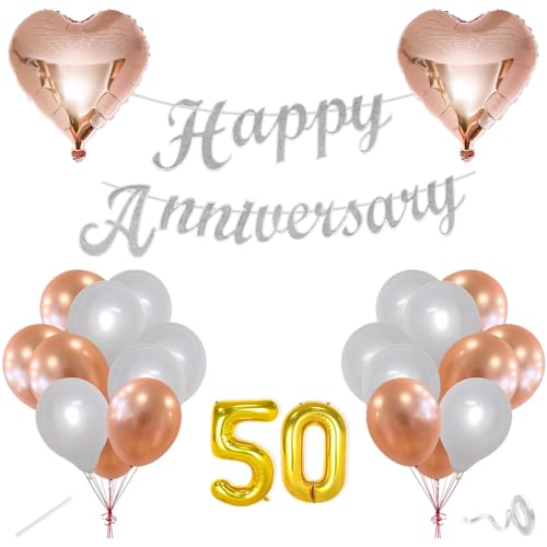 Image of Flyloons 50th Happy Anniversary Decoration Items Rose Gold White for Women Husband Wife Mom Dad Couple Bedroom Car With 20 Pcs Metallic Balloons Anniversary Banner 2 Pcs Heart Set Kit Golden Jubilee