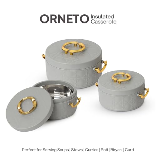 Image of CELLO Ornetto Big Set of 3 Pcs Insulated Steel Casserole Hot Box for Kitchen, Grey (1500ml, 2000ml, 2500ml) | Airtight Hot Pot Case Keeps Food Hot & Warm, Casserole Set for Roti Chapati Rice Biryani