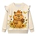 Wideasale Girl's Crewneck Sweatshirt Long Sleeve Sunflower Capibara Casual Pullover Tops Fashion Cute Ruffle Shoulder Oversized Sweatshirts Fall Blouse Winter Clothes