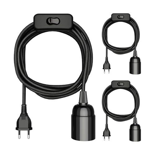 Câble textile LEHA noir de 3 mètres avec fiche E27 pour lampe de chevet suspendue