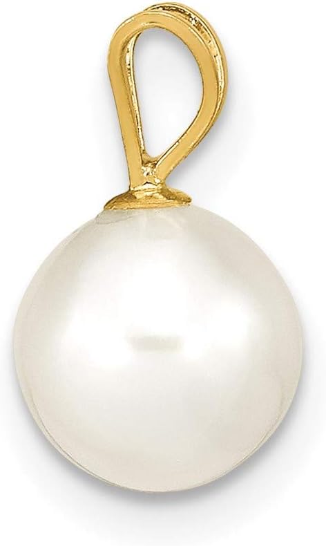 Solid 14k Yellow Gold 7-8mm Round White Freshwater Cultured Pearl Pendant Charm - 11mm x 7mm