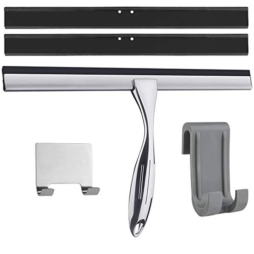 GEEDIAR Duschabzieher 31cm - Edelstahl Duschwischer Breit Ohne Bohren mit Silikon Haken & Klebehaken - 2 Silikon Ersatzlippe Fensterabzieher für Badezimmer, Spiegel, Fenster Glasreinigung (Siber)