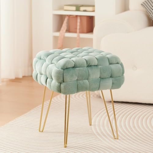 Madera Nieve Taburete de cosmética Moderno de Terciopelo, Otomano Cuadrado con Patas de Metal Dorado, Asiento Acolchado de Tejido Terciopelo (Verde Agua, 38P x 38An x 41.5Al cm)