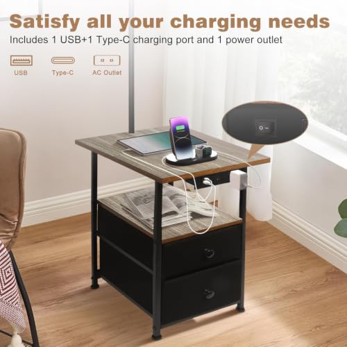 Image of PESRAE Floor Lamp with Table & 2 Drawers, End Table with Lamp, Vintage Grey | Charging Station with USB, Type-C & AC Outlet; 9W LED Bulb with 3 Color Temperatures for Bedroom, Living Room & Home Office