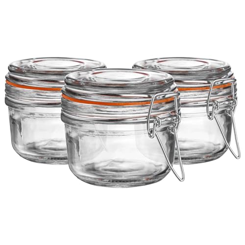 Argon Tableware Glass Spice Jars with Airtight Metal Clip Lid - 125ml/4.2oz - 3 Pack - 4 Colour Seals - Small Kitchen Storage Container Round Preserving Jar for Spice, Seasoning