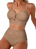 Herseas Women's 2 Piece Popular Swim Suits Adjustable Spaghetti Straps High Waisted Bikini Sets 2026 Cutout Modest Tankini Bathing Suit Chic Resort Essentials Dark Brown Small