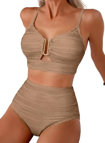 Home 5 Herseas Women Bikini 2 Piece 2026 Vacation Cutout Bathing Suit Push Up Swimsuit Textured V Neck Swimwear Dark Brown Medium