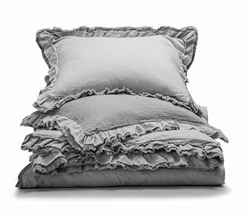 meadow park Washed French Linen 3 Pieces Duvet Cover Set, Reversible, King Size, Super Soft, Ruffle Style, Grey Color