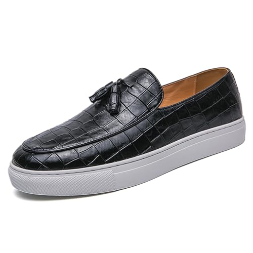 Image of Men's Pattern Leather Platform Slip On Tassel Loafers Comfortable Round Toe Low Top Non-Slip Casual Dress Shoes Flat Penny Loafer for Dating Business Party