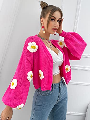 Makemechic Women's Floral Applique Lantern Sleeve Open Front Cropped Cardigan Sweater Hot Pink L #TOP2