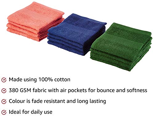 Image of Amazon Brand - Solimo Cotton 12 Piece Face Towel Set, 380 GSM (Coral Pink, Mint Green, Twilight Blue)