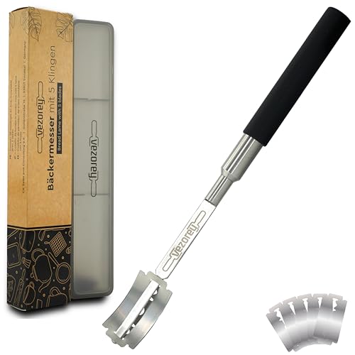 VEZOREY®- Profi Bäckermesser & Teigmesser hochwertiger Edelstahl (inkl. 5 Rasierklingen) - Brotklinge & Bäckerklinge lebensmittelecht - Brotschneidemesser, Brotbackmesser & Brot-Messer Silikon-Griff
