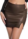 EG CHRIS G Leather Skirt for Women High Waisted Side Slit Zipper Bodycon Mini Skirts （Zipper Brown,M