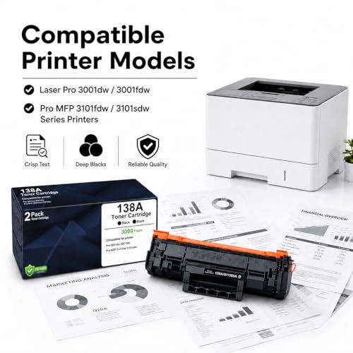 Image of 138A Black Toner Cartridges 2 Pack for Laser Printer Pro 3001dw 3101fdw | Replacement for HP 138A|W1380A Toner with Chip for Pro 3001dw 3001fdw Pro MFP 3101fdw 3101sdw Printer